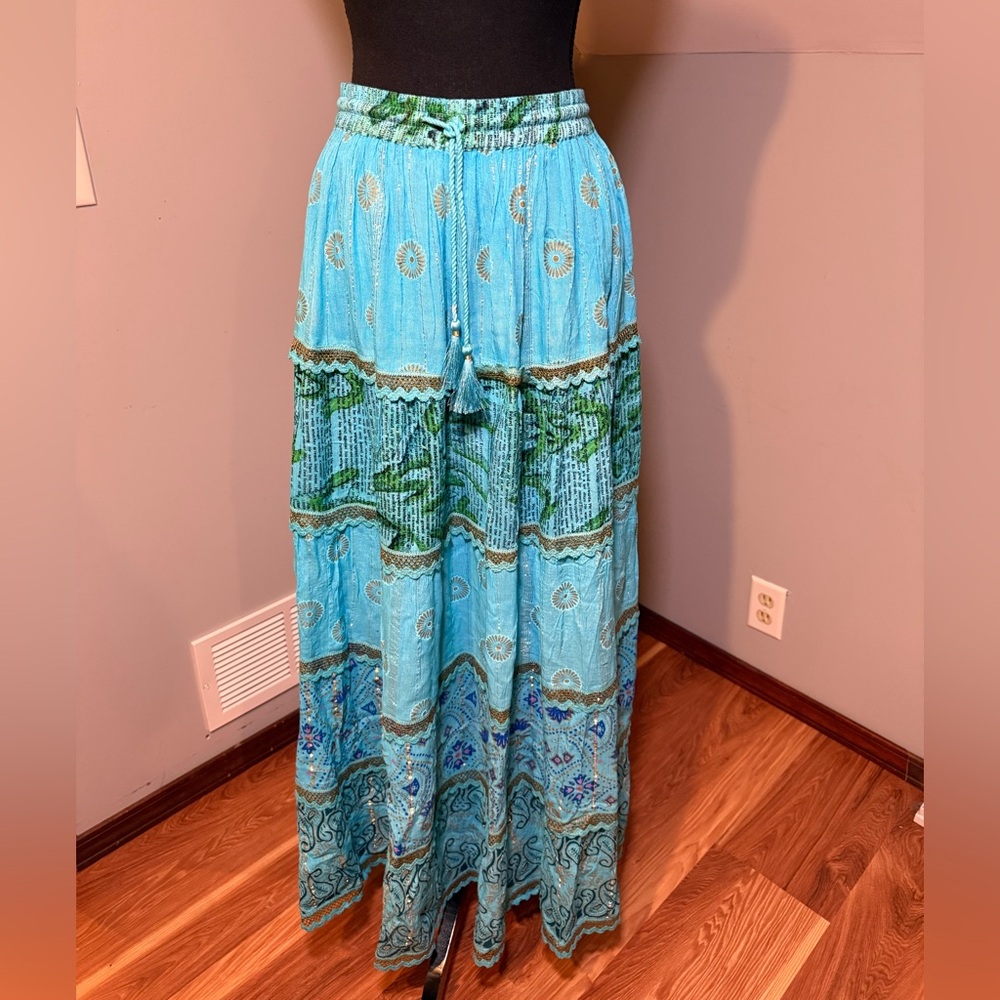 Ananta Boho Aqua Tiered Maxi Skirt